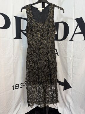 Sans Souci Women's Black Gold Lace Sheath Midi Dress Size S Party Cocktail